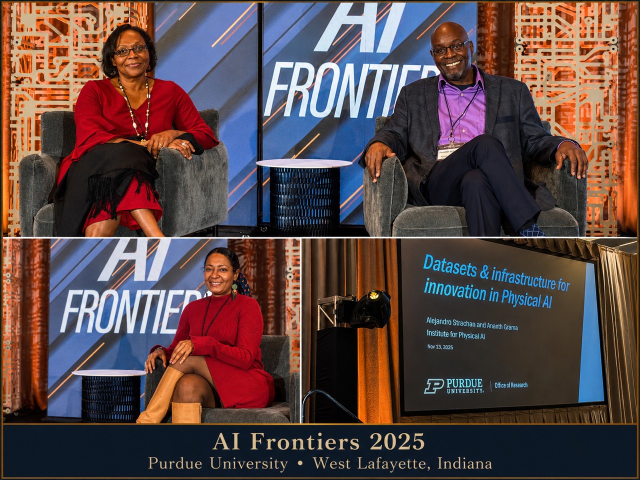 Collage from AI Frontiers 2025 featuring Dr. Stephens and other participants at Purdue University