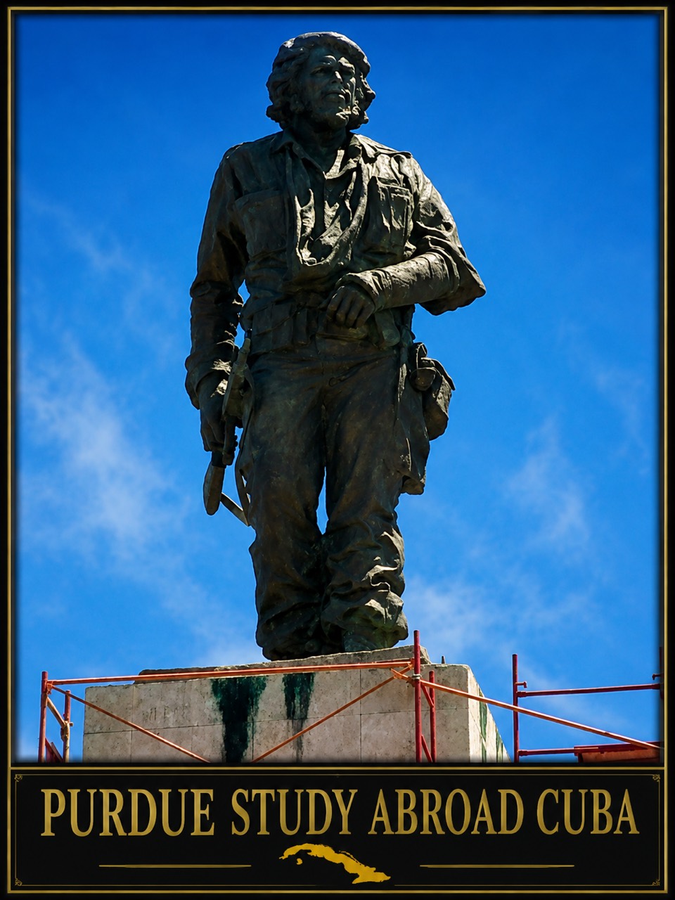 A bronze monument against a bright blue sky during Purdue Study Abroad in Cuba