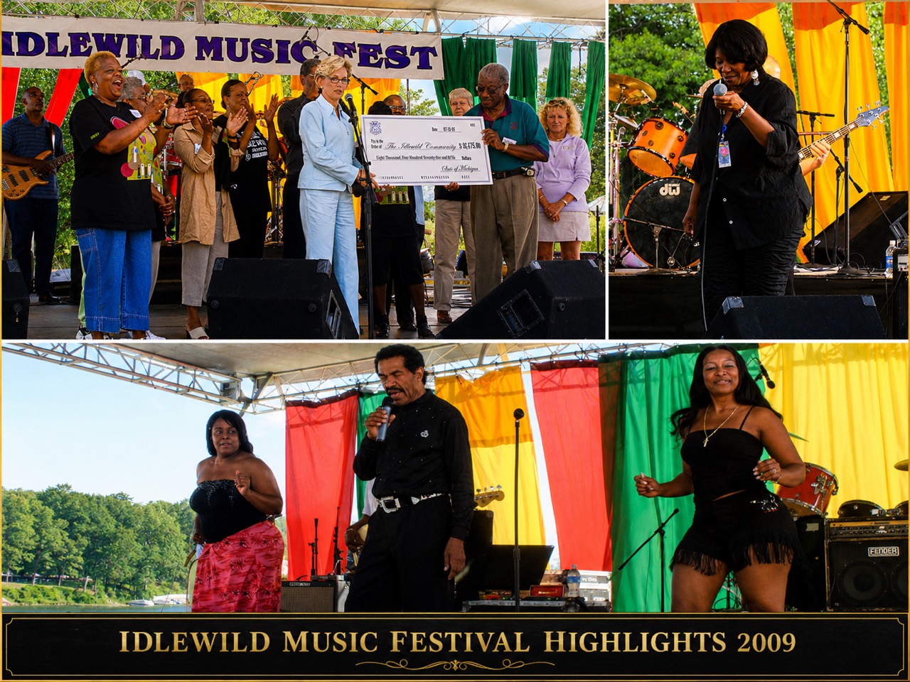 Collage of speakers, performers, and an award presentation at the 2009 Idlewild Music Festival