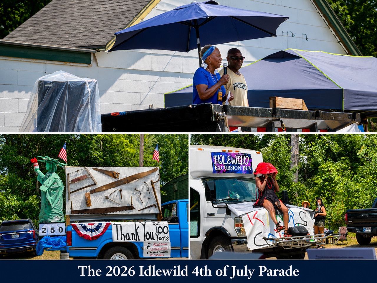 Collage from the 2026 Idlewild Fourth of July Parade with speakers, community-history displays, and an excursion bus